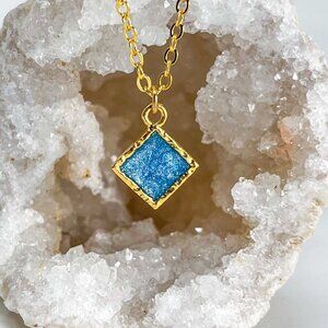 3/$20 14k Gold Royal Blue Glitter Resin Diamond Charm Handmade Pendant Necklace